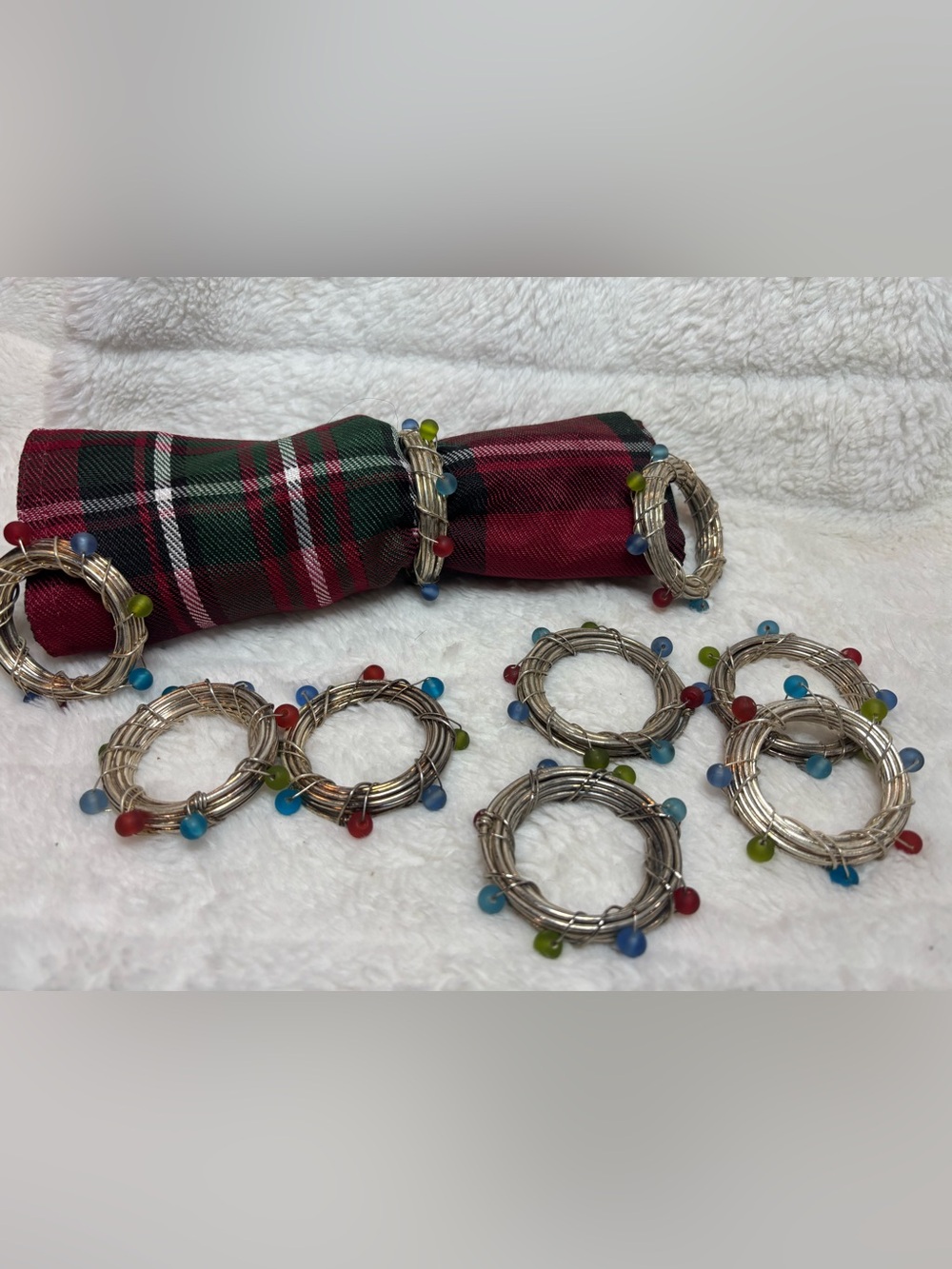 Festive Silver Wire Wrapped Beaded Napkin Rings set of 6 Colorful Christmas